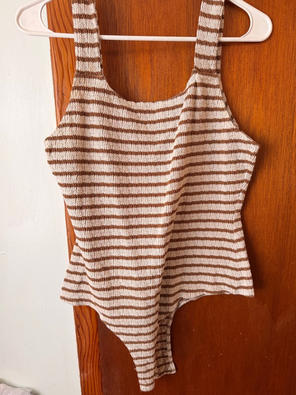 Buckle Striped Knit Bodysuit in Cream and Brown